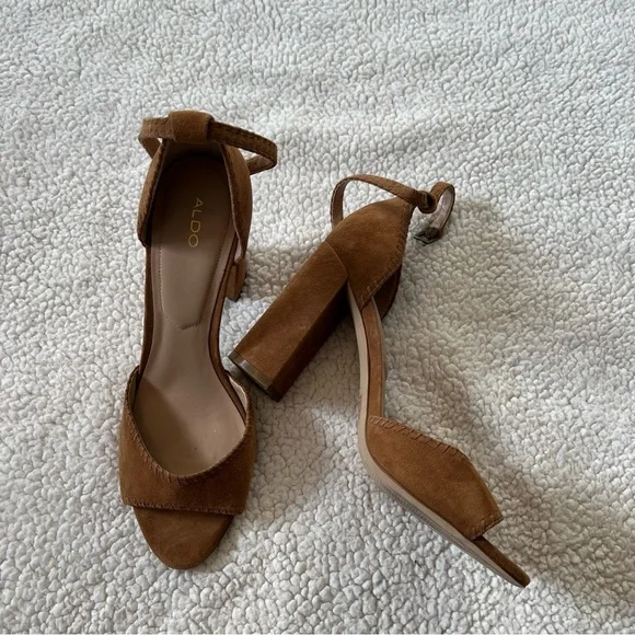 Aldo Elvyne Cognac Brown Leather Suede Open Toe Heels - Picture 3 of 6
